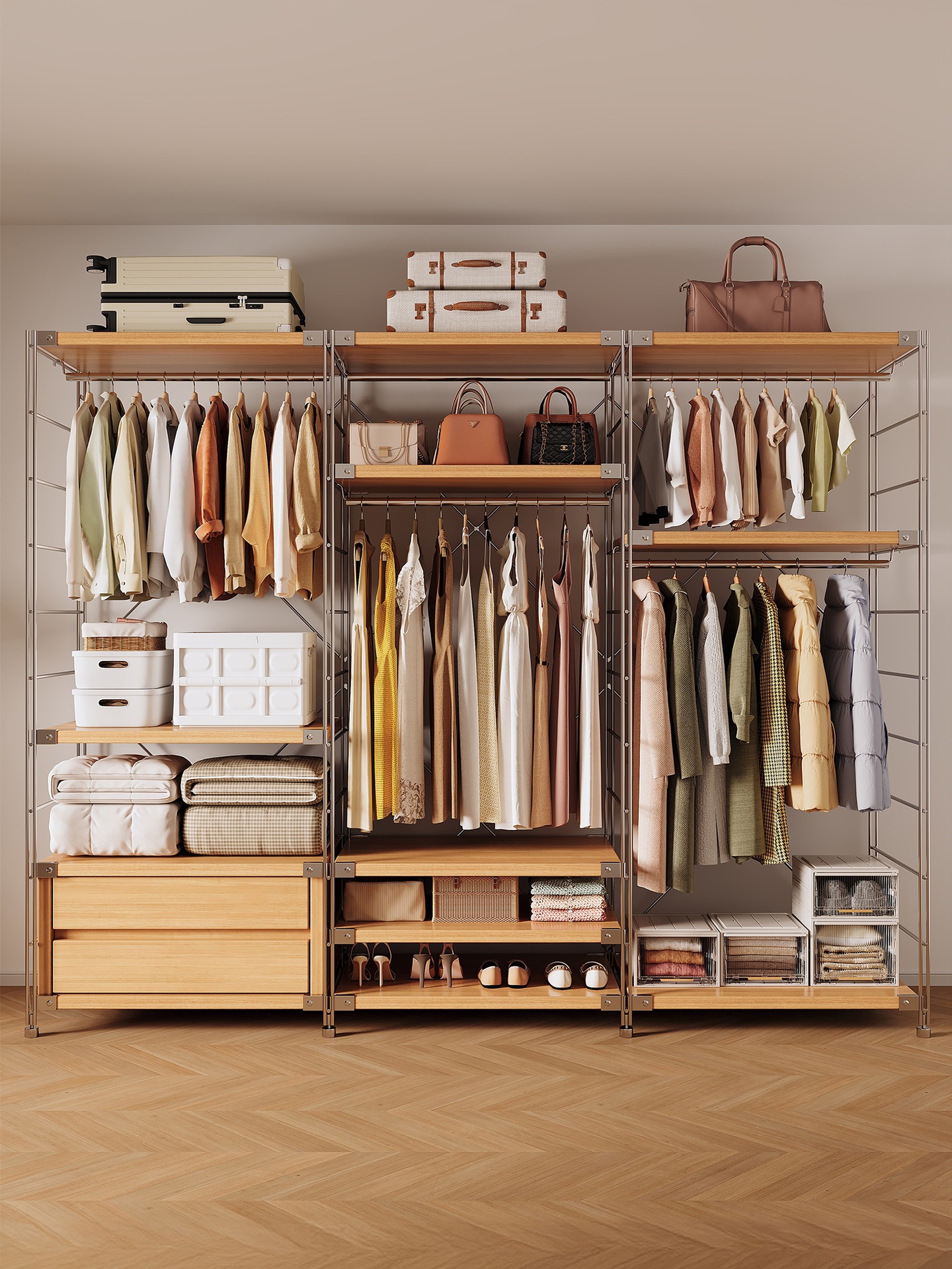 Open Wardrobe Home Bedroom Cloakroom Metal Floor-Standing Shelf New Japanese Walk-In Combination Hanging Wardrobe