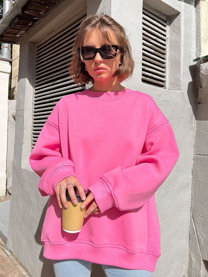 Áo sweatshirt nữ cổ tròn dáng rộng oversize tay dài chất liệu nỉ lông — Hoa màu xám, Màu cà phê, Màu trắng, Xanh navy chi tiết 5