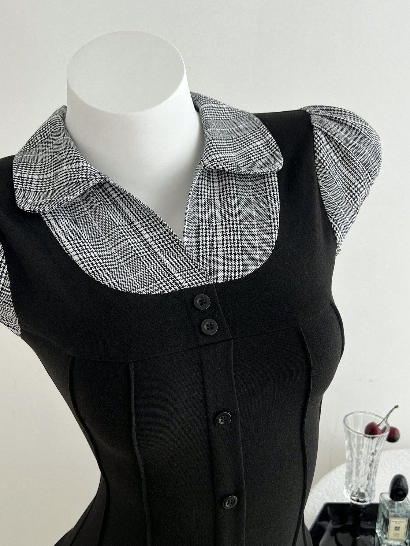 Women's Waist-Defining Plaid Contrast False Two-Layer T-Shirt - Slim Fit Casual Top With Color Block Design_ecoleips.com
