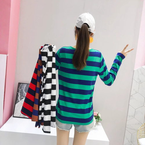 Spring and Autumn New Korean Style Loose Matchy Women's Striped Long Sleeve T-shirt Women's Base Shirt Top Striped Long Sleeve