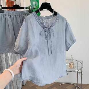 Real Shot of a Very Beautiful Set of Korean-Style Two-Piece Pure and Relaxed Ramie Suit