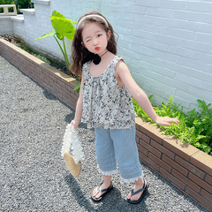 女童套裝夏季森系韓版碎花雪紡吊帶衫兩件套2024夏女寶寶薄款套裝