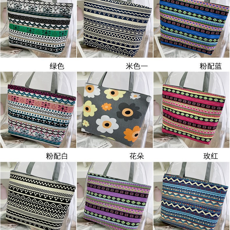 Cross-border Foreign Trade New Canvas Bag Large Capacity Women's Bag Printed Handbag Ethnic Style Artistic Student Bag Shopping Bag