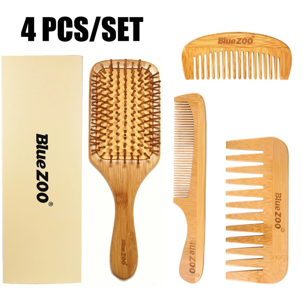 4 piezas de ancho peine de dientes finos BlueZOO transfronterizo Venta caliente pelo de bambú portátil masaje del cabello del cuero cabelludo peine de madera
