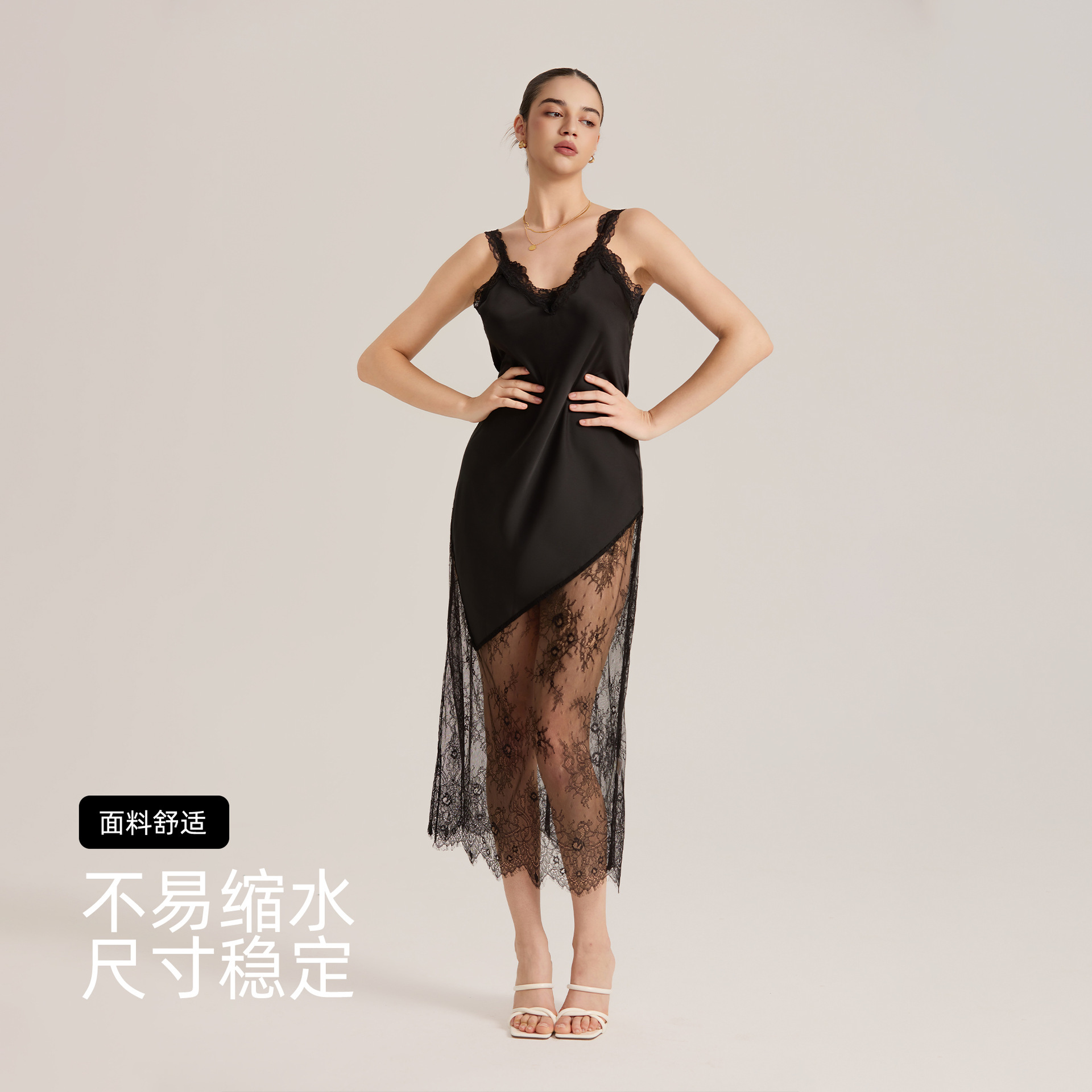 Nuevo verano estilo europeo y americano satén chiffon pijama inclinado empalme encaje semi-permeable vestido de cabina sexy SQ3911