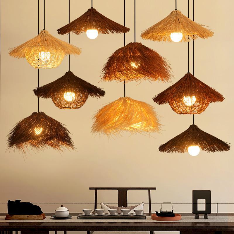 吊灯藤编氛围灯民宿餐厅灯竹编禅意茶室灯复古藤艺创意草帽灯罩灯