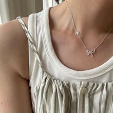 925纯银蝴蝶结镶钻项链女简约亮银色韩国银饰品批发甜美可爱0439G