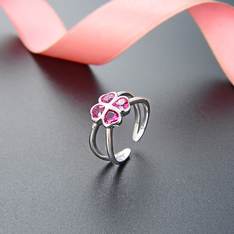 Moda coreana temperamento dulce anillo de cuatro hojas damas s925 plata abierto ajustable anillo de flores anillo índice