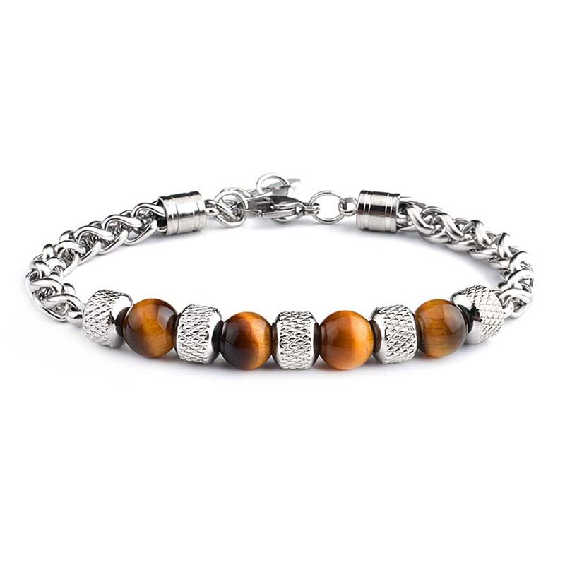 Men's Stainless Steel Bracelet 8mm Tiger Eye Stone Obsidian Chain Adjustable Bracelet Yellow Tiger Eye Pineapple Bead Bracelet