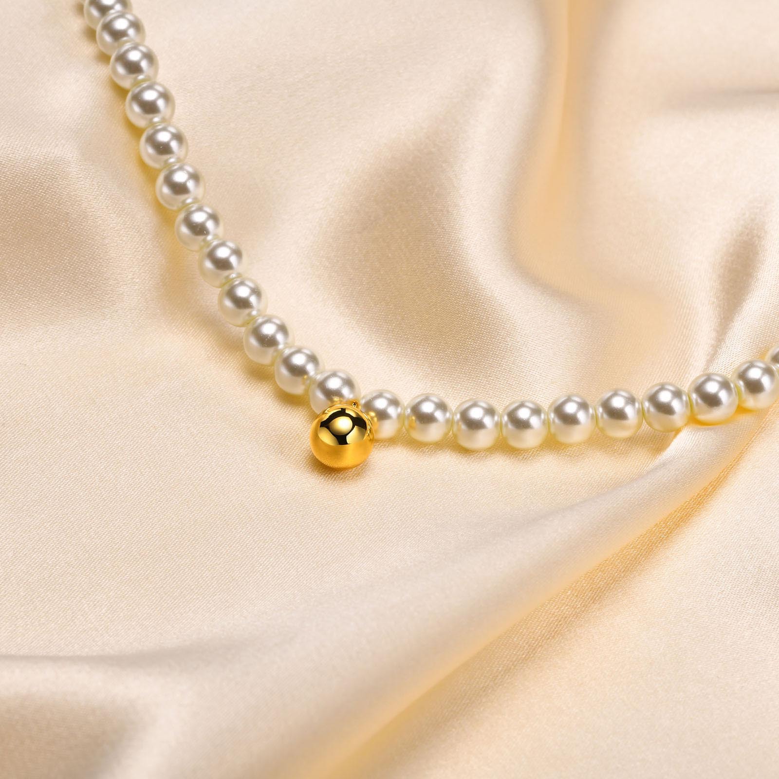 Elegant Round Titanium Steel Beaded Artificial Pearls Necklace