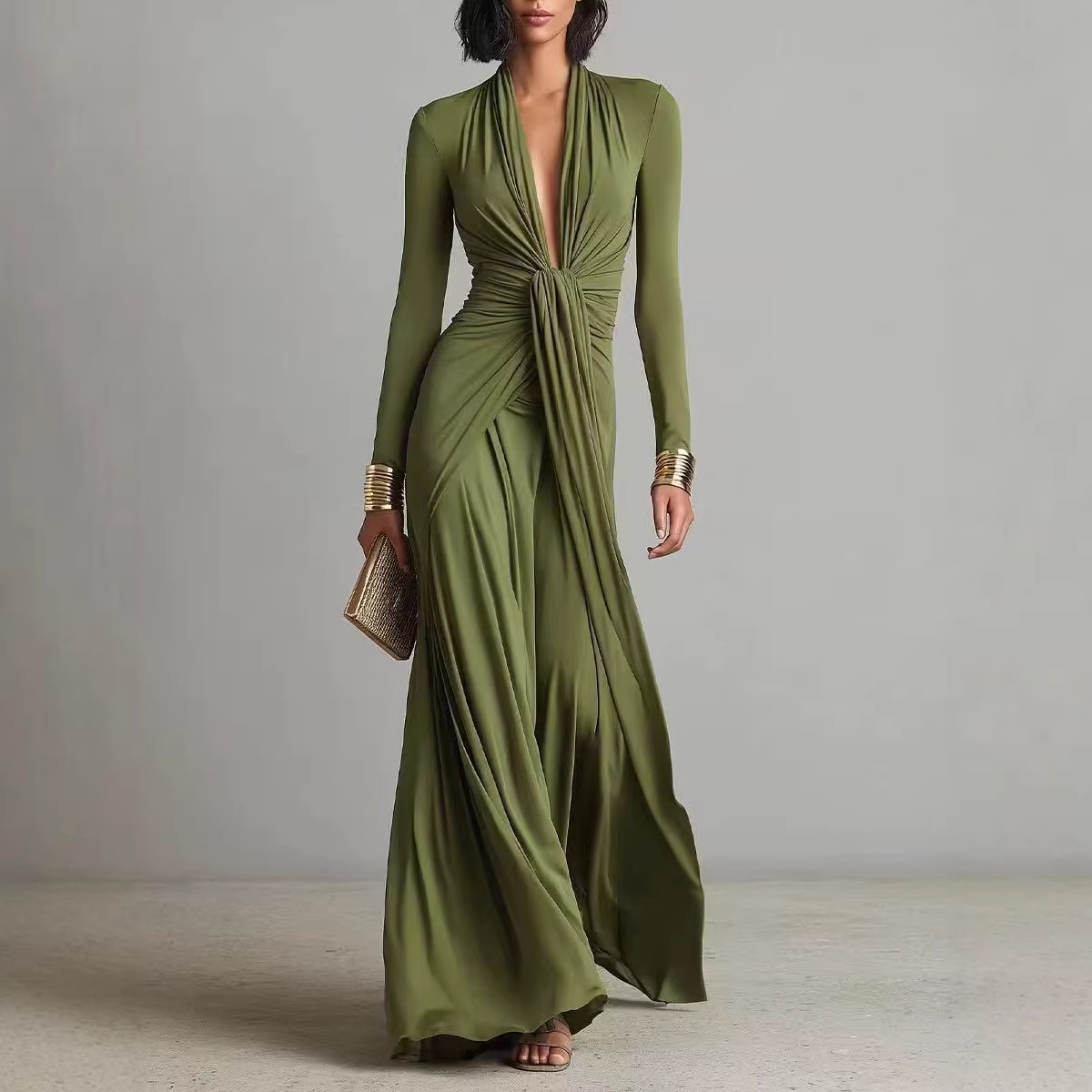Women's Elegant French Style Dress Solid Color Textured Long Sleeve Spring Autumn_voghion.com