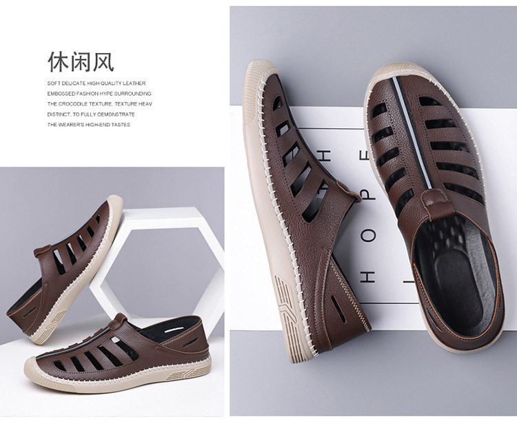 Giày lười sandal nam thoáng khí khoét lỗ, mũi tròn, đế cao su chống trượt — Màu nâu, màu đen chi tiết 14