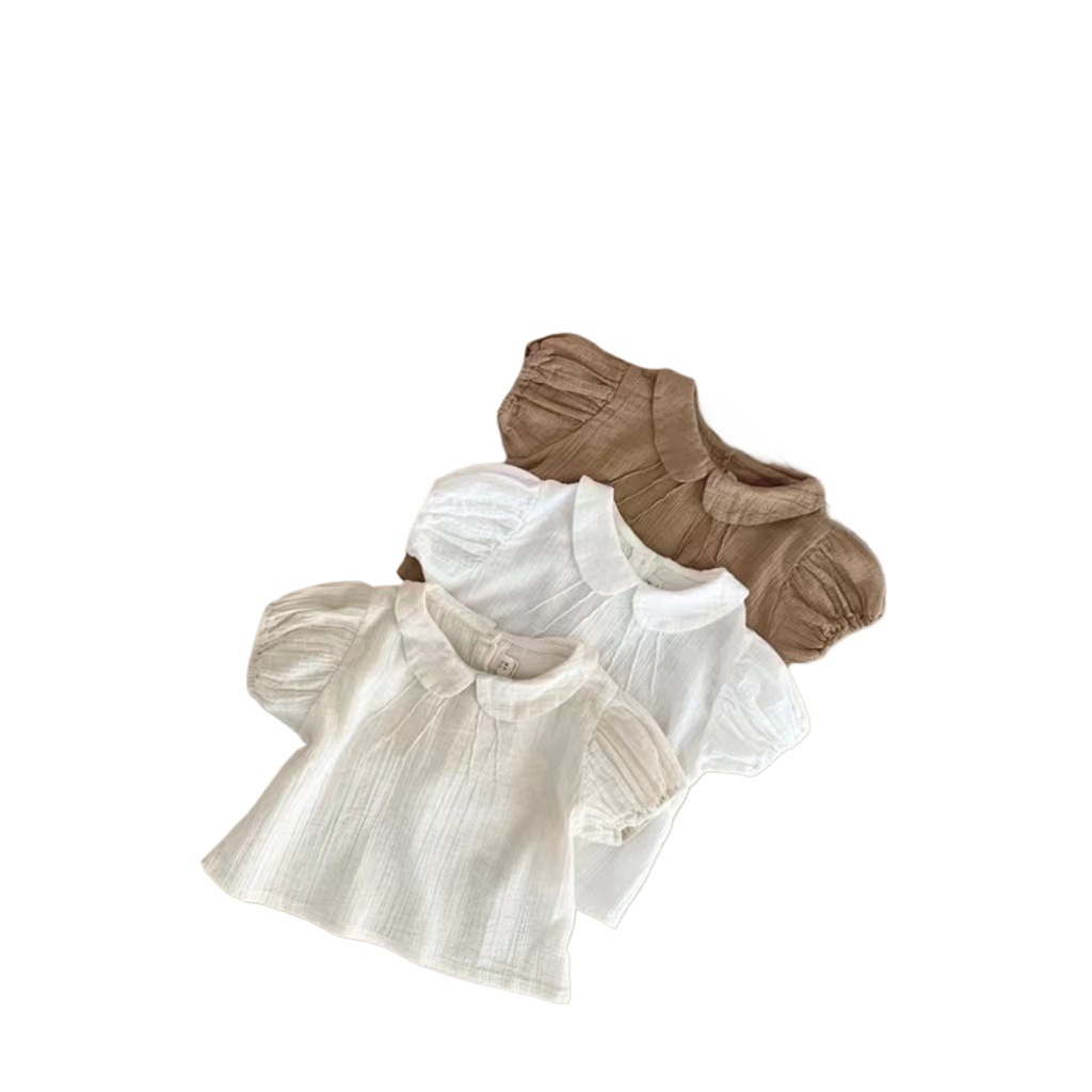 Versión coreana de la nueva niña de verano, linda solapa, camisa de bebé de manga corta, camiseta, top de manga corta para bebés, dulce y versátil