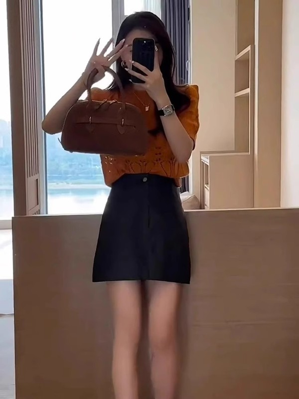 橘色镂空冰丝针织短袖正肩T恤女夏季小个子修身短款多巴胺小上衣|undefined