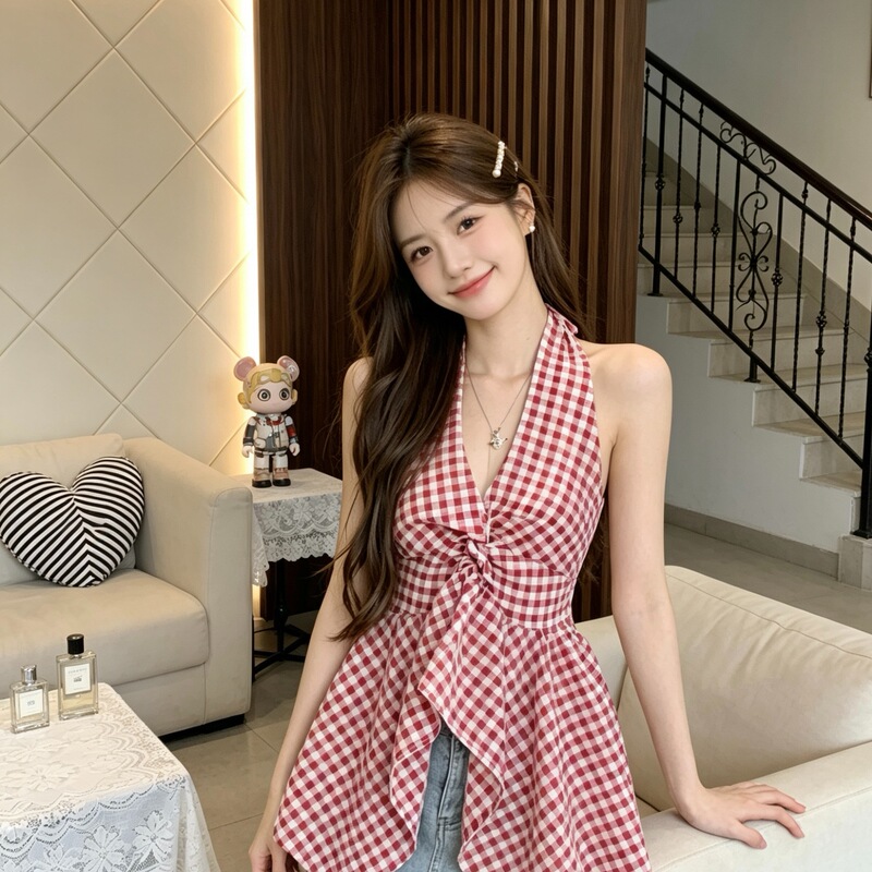 2026 French-Style V-Neck Halter Plaid Camisole for Women, Summer Irregular Waist-Cinching Design, Elegant Top