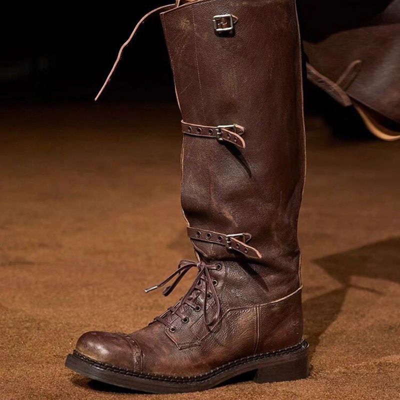 재고 있음 레트로 수제 패션 부츠 여성용 2025 신상 빈티지 스타일 기사 부츠 벨트 버클 롱부츠 해외 직구