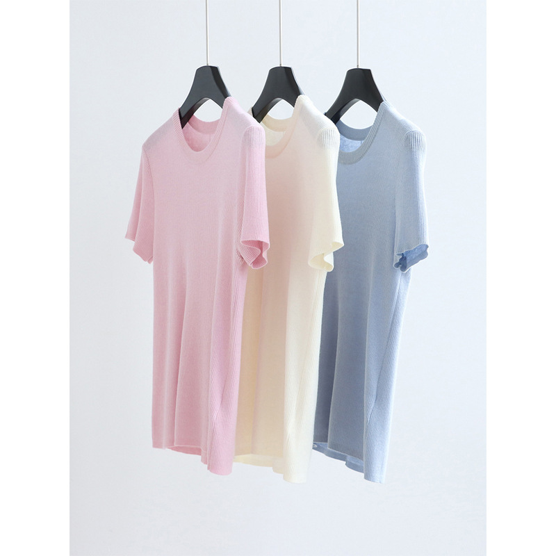 Lightweight Fine Wool Short-Sleeve Knit Pullover, Simple Round Neck, Versatile Solid Color Top T-Shirt for Spring/Summer
