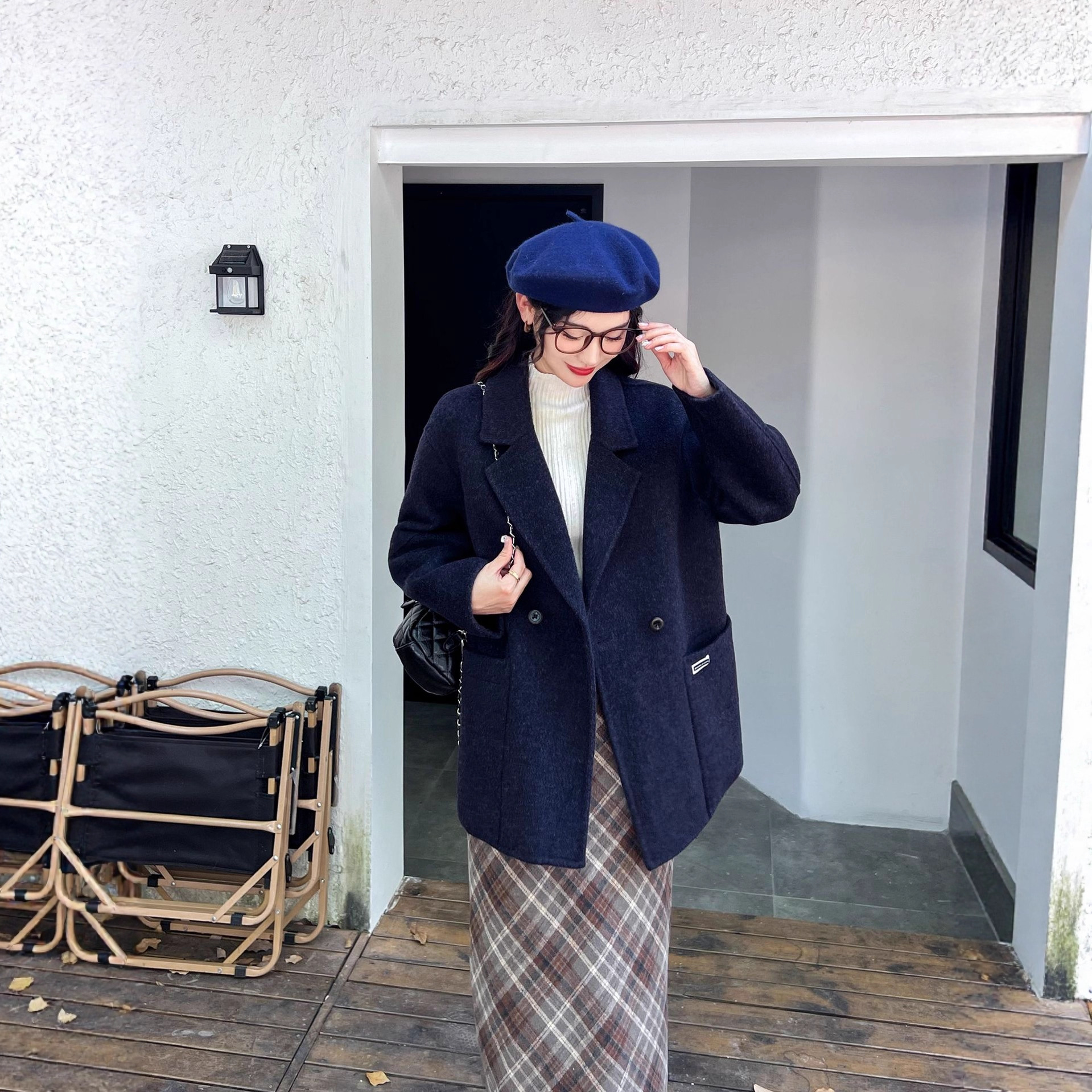 2025 New Autumn and Winter Navy Blue Double-Sided Cashmere Outwear for Women Mid-Length Loose Cocoon-Shaped One-Hand Long Woolen Outwear for Women