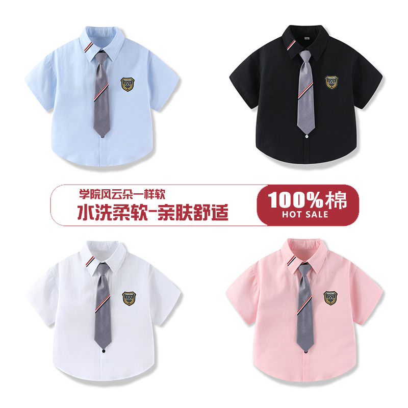 Children's New Short-sleeved Shirt Boys' Shirt Pure Cotton Washed Summer Short-sleeved Shirt for Girls Short White Shirt Performance