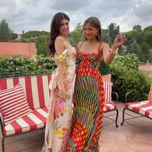 亚马逊跨境女装夏季波西米亚风印花吊带性感度假长裙大摆连衣裙