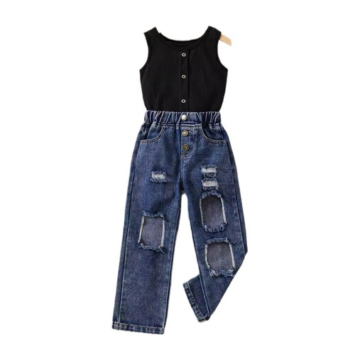 European and American cross-border children's clothing: girls' summer striped solid color sleeveless off-shoulder pullover with ripped denim long pants two-piece set