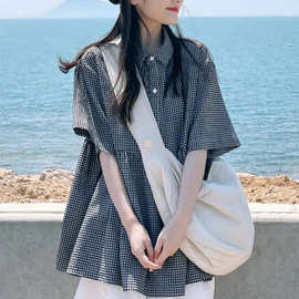 日系复古格子短袖衬衫女夏夏季设计感小众衬衣韩系宽松娃娃衫上衣
