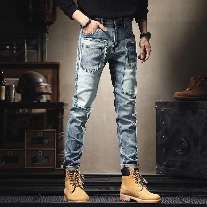 Autumn and Winter Ripped Patch Trendy Jeans Men's Stitching Slim-fit Skinny Pants Fashionable Duffy Shuai Gao Street Beggar Pants Autumn and Winter Ripped Patch Trendy Jeans Men's Stitching Slim-fit Skinny Pants Fashionable Duffy Shuai Gao Street Beggar Pants