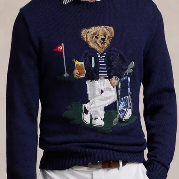 Rl High-Quality Bear 25 Autumn and Winter Men's Heavy Embroidered Knitwear Round Neck Golf Casual Knitwear Knitwear