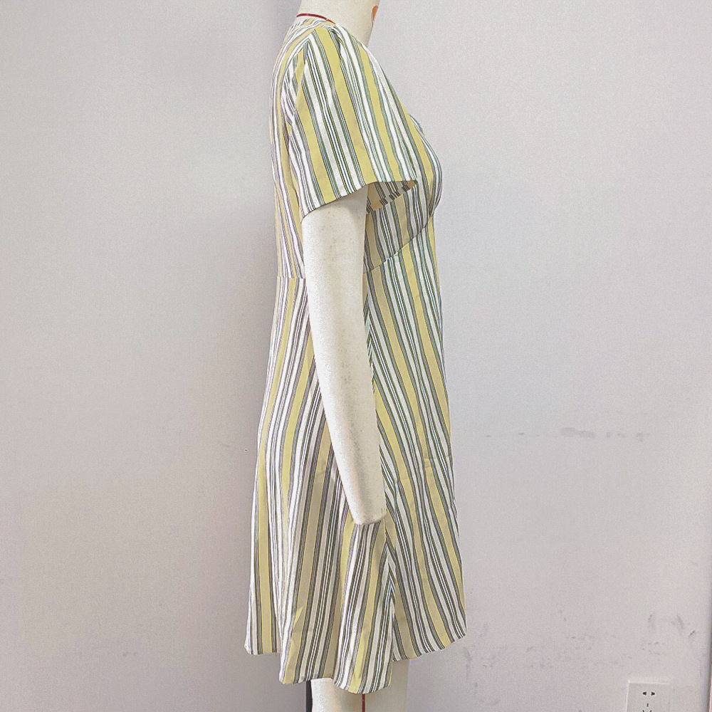 Summer Lemon Yellow Striped Sexy Women Dress V-neck Vitality Sweet Short Sleeve Dress