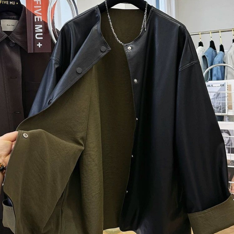 2025 Super Hot New Style Lazy Style Loose Casual Reversible Round Neck Leather Jacket Women's Autumn and Winter Pu Leather Jacket