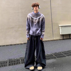 费尔岛花纹圆领拉链针织开衫男秋冬季新款慵懒风宽松休闲毛衣外套