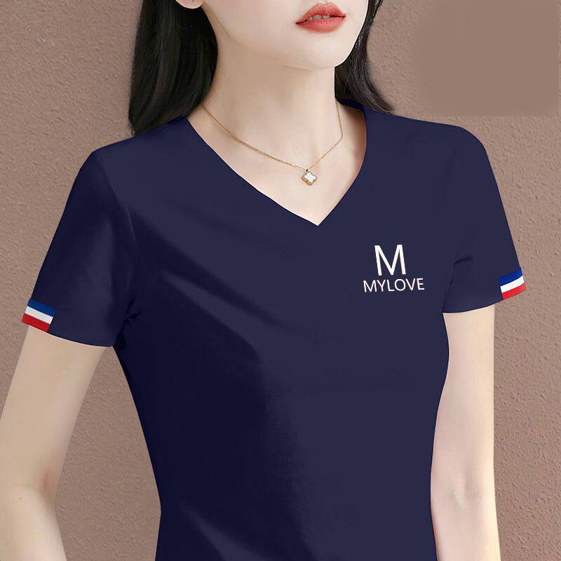High-Quality Plus-Size Stylish Regular-Shoulder Versatile Short-Sleeve Women's Summer New Slim-Fit Fashionable V-Neck Top for Middle-Aged Women