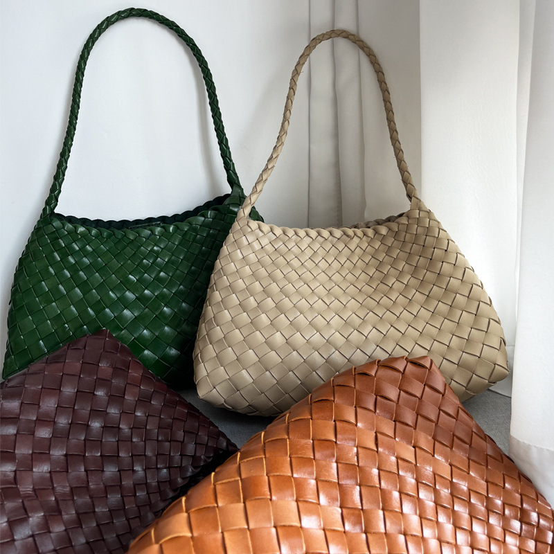 Dragon Woven Bag Top Layer Cowhide Women's French Food Basket Handmade Genuine Leather Handbag Shoulder Bag Dragon Woven Bag Top Layer Cowhide Women's French Food Basket Handmade Genuine Leather Handbag Shoulder Bag