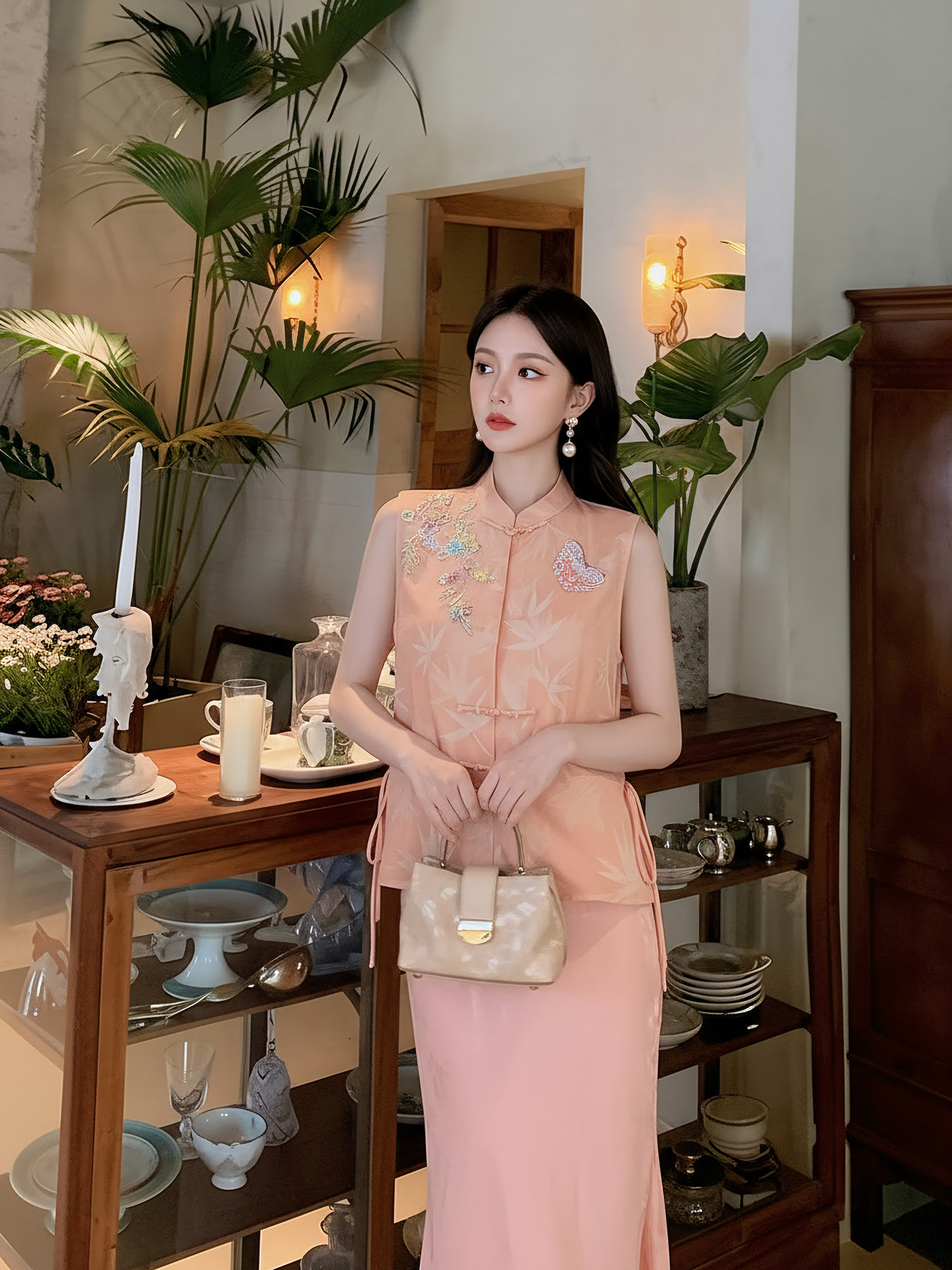Bộ áo gi lê và đầm dây phong cách Trung Hoa mới, cổ đĩa, ren — bộ đồ, Áo gi lê màu hồng, đầm dây