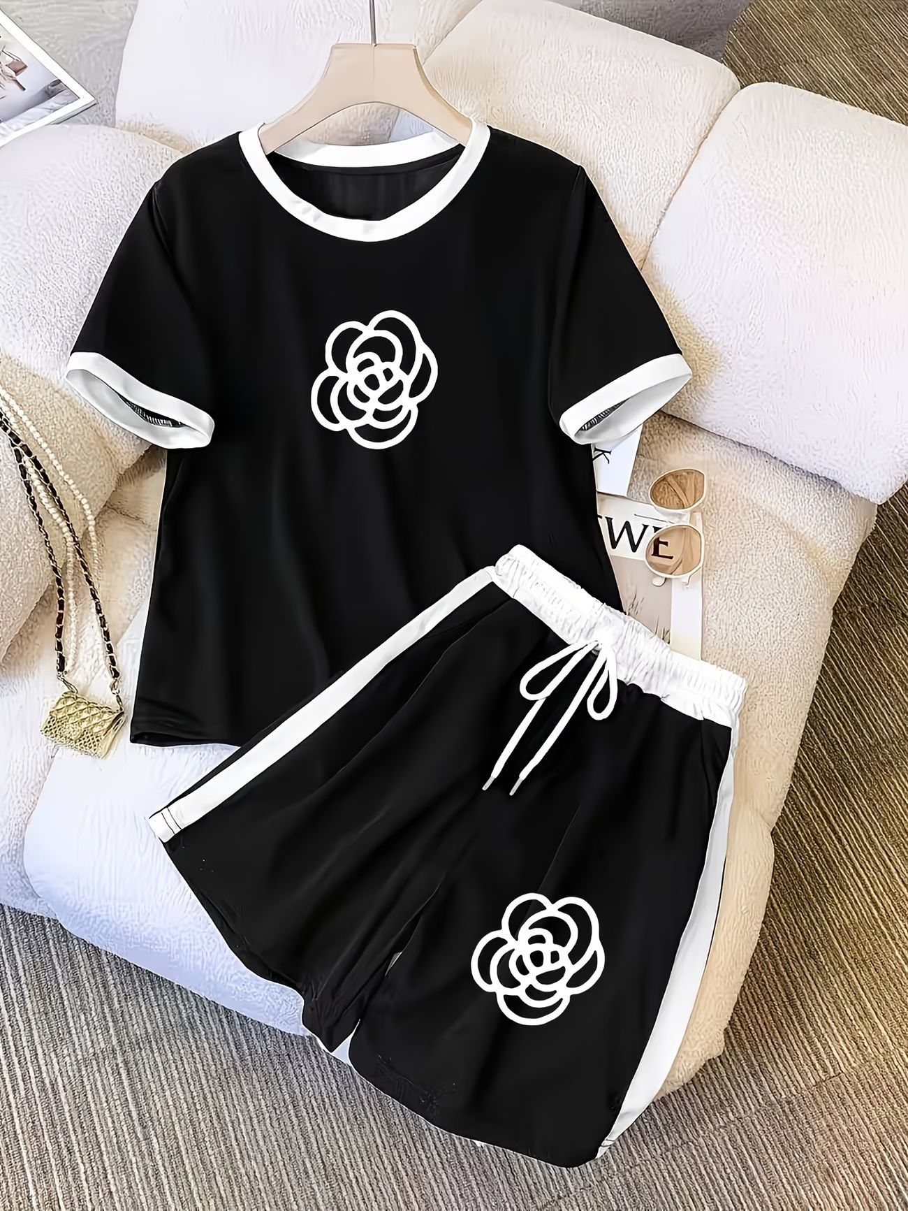 Damen Luxus Kurzarm Set Mit Druck Und Farbblock Für Den Sommer_voghion.com