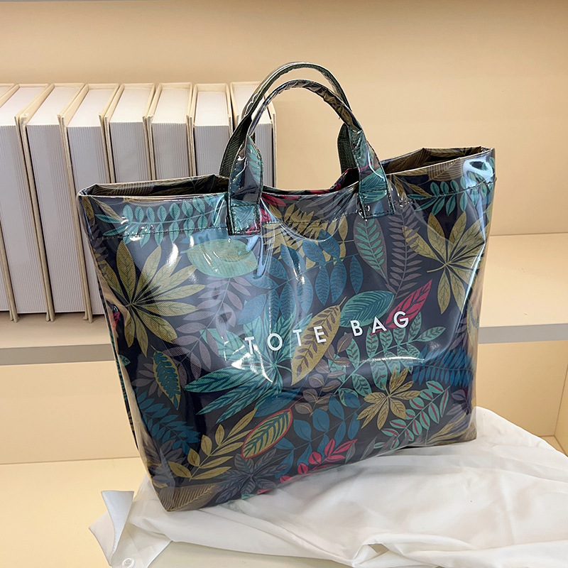 2025春季新款PVC防泼水大容量托特包夏季植物印花休闲度假手提包