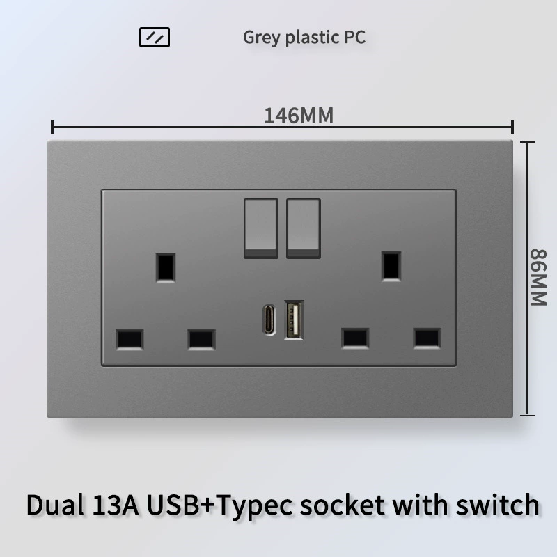 Hong Kong and Macau British 13A socket USB with Type-C plugging in Su-English bidding switch PC gray panel