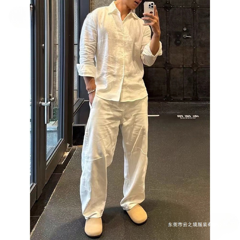 白色老钱风亚麻衬衫套装男秋季莱赛尔天丝棉麻裤子一整套阔腿裤薄