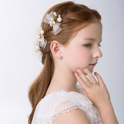Children's girls singer host stage hair flower girl dresses deserve to act the role of imperial princess pearl pin piano performance clip headdress hairpin headdress 