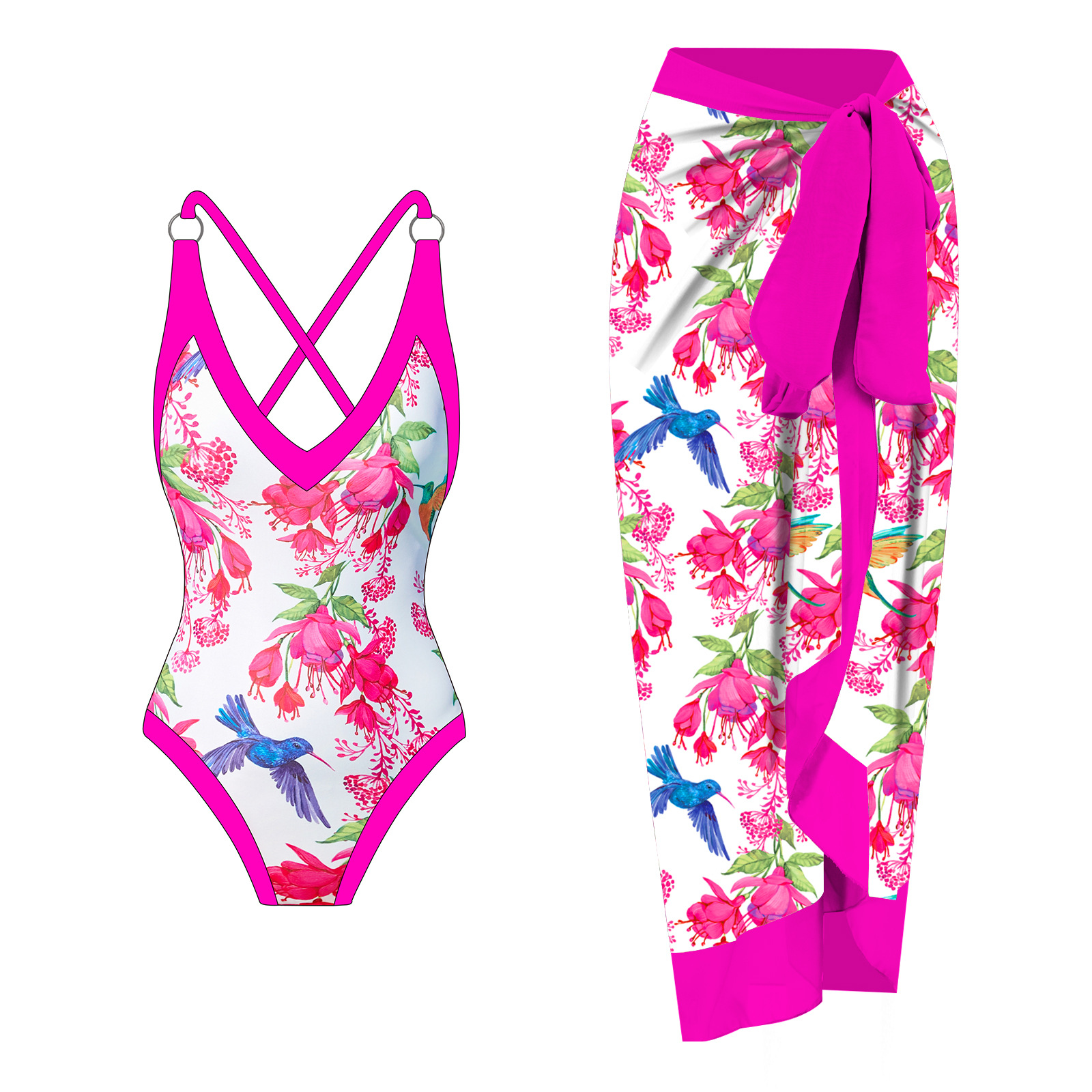 Dames badpak met bedrukte jumpsuit en strandrok van gaasstof_voghion.com