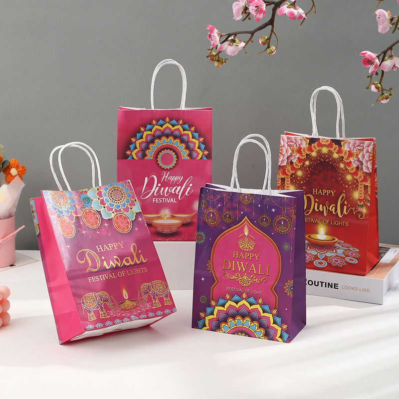 Cross-Border Indian Diwali Festival Tote Bag, Large-Capacity Shopping Kraft Paper Bag, Party Gift Tote Bag Wholesale