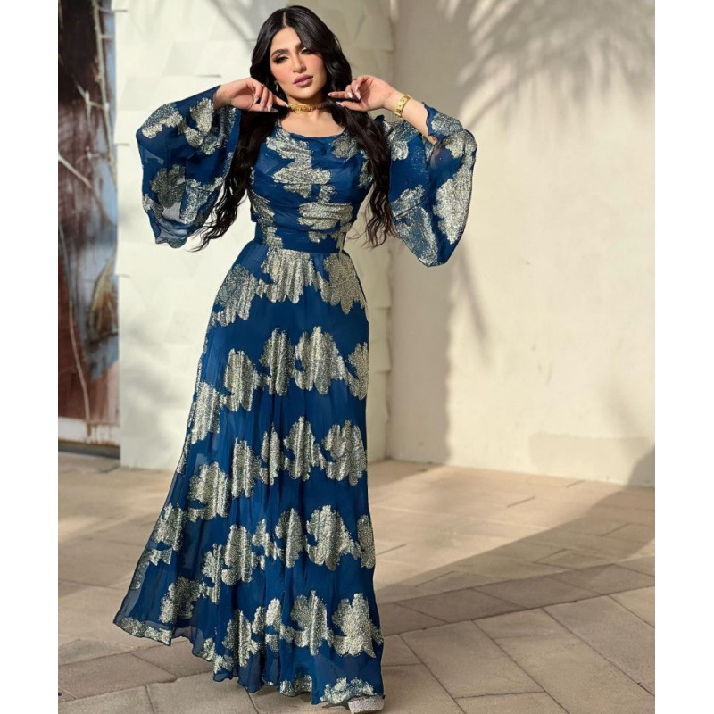 Spring and Summer Cross-Border Export Women's Clothing Independent Station Ebay Sexy Printed Gold Chiffon Prom Dress New Style