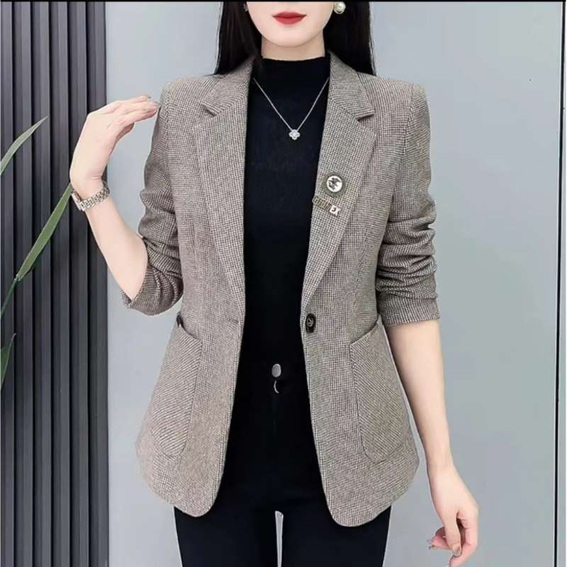 Houndstooth Suit Jacket Women's 2024 New Short Sleeve Spring and Autumn Wholesale Small Cotton Thickened Slim Top