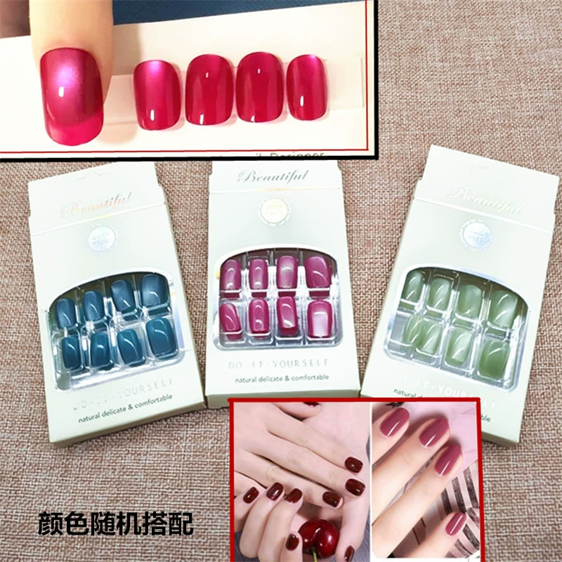 D020 Сплошной цвет Интернет-знаменитости Популярные носимые наклейки для дизайна ногтей для студентов и девочек Новые носимые ногти «кошачий глаз» Xiaohongshu Beauty