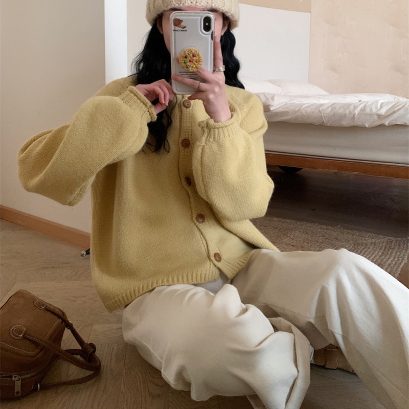 Nuevo estilo coreano de otoño y invierno simple estilo de viento sólido color completo retro cardigan de punto suéter de viento relajado abrigo abrigo image 11
