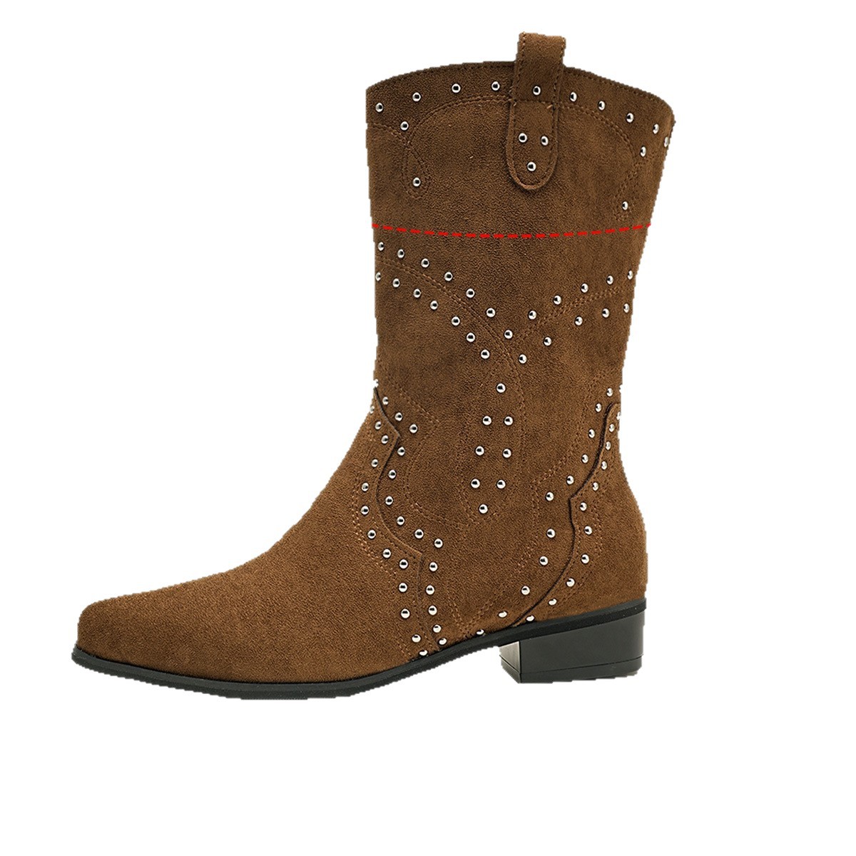 Bottes cavalières à talons mi-hauts et rivets croisés pour femmes grandes tailles, en daim, style britannique, chaussures tendance automne_voghion.com