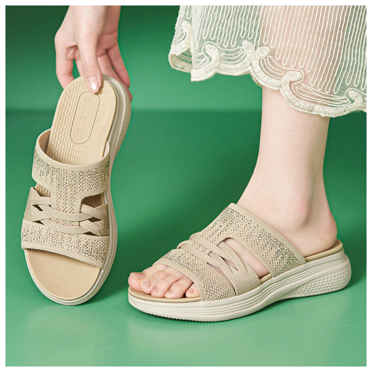 Dép sandal nữ xỏ ngón đế bệt đính đá lấp lánh — màu nâu, màu đen, xanh lam, màu mơ chi tiết 9