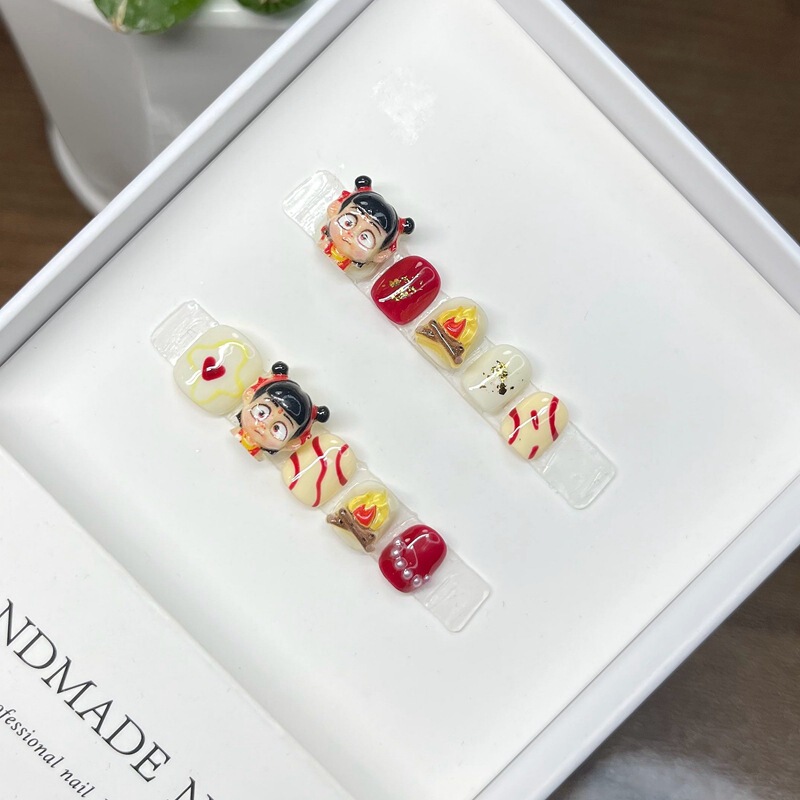 Nezha Kidsren Wear Armor Cute Cartoon Hand-Painted Short Finished Product Wear Armor Manicure Patch 3-12 Years Old Kidsren's Nails