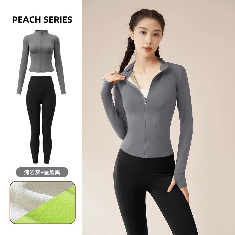 Juyitang Otoño e Invierno forrado de lana engrosada ropa de yoga traje desnudo Delgado adelgazamiento alto elástico a prueba de viento traje de fitness mujeres