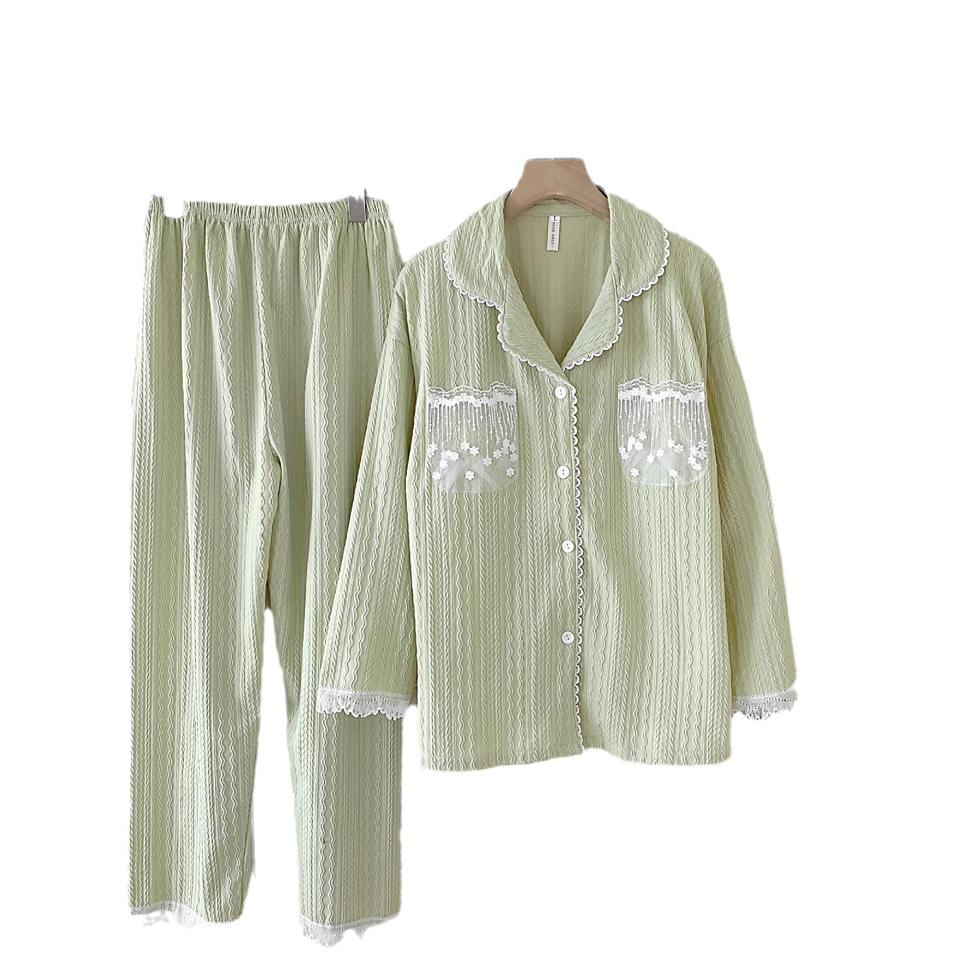 Coreano ins pijamas de las mujeres jacquard algodón solapa de algodón cardigan manga larga Otoño e Invierno hierba verde dulce chica desgaste del hogar traje